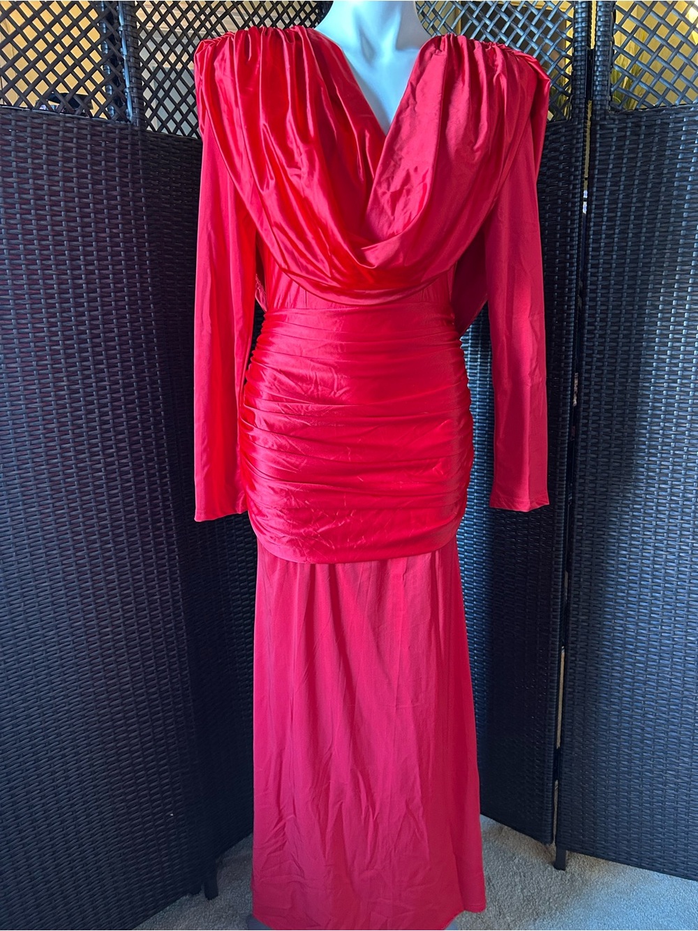CHICME Elegant Red Draped Long-Sleeve Evening Dress NWOT